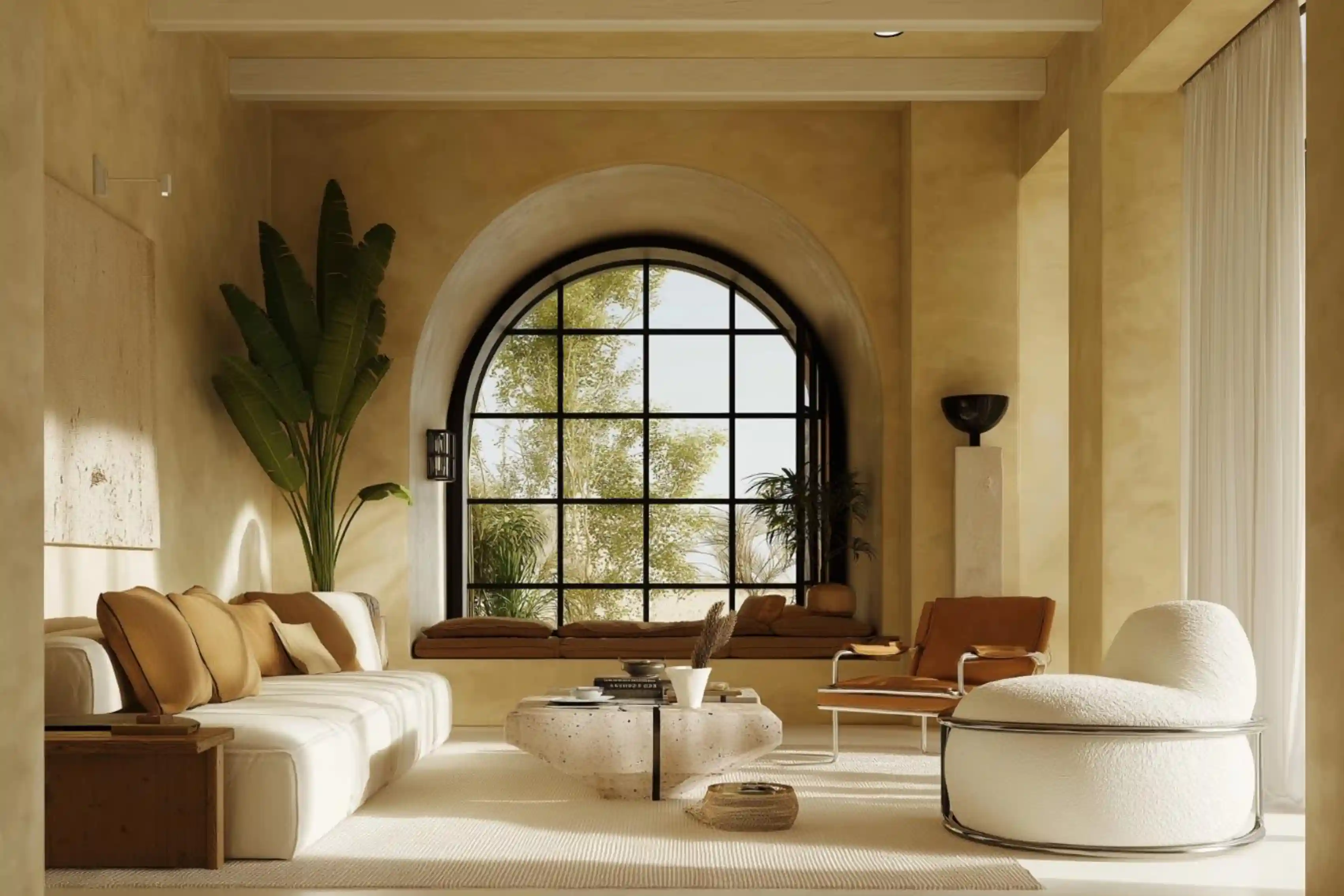 The Terra Residence - Sun-drenched living room with large arched window and curved organic furniture - Ai Spaces LLC.webp